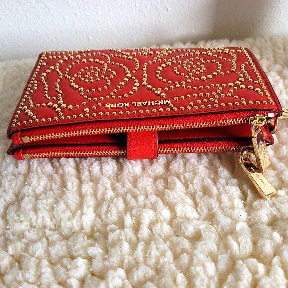 New MICHAEL Michael Kors Double Zip Studded Quilted Wristlet in bright red - Picture 6 of 10